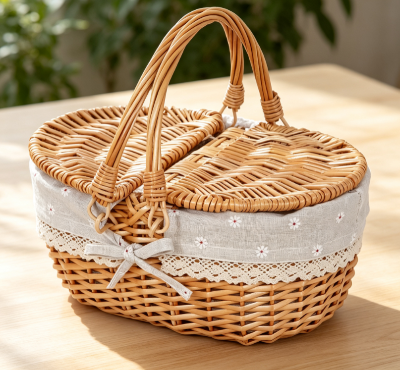Oval Wicker Picnic Basket with Double Lids and Daisy Print Lining Image 2