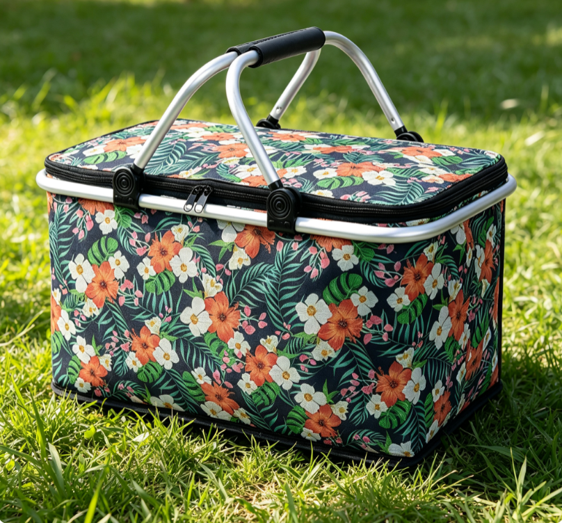 Outdoor Printed Collapsible Picnic Basket – Aluminum Frame Portable Insulated Storage Basket