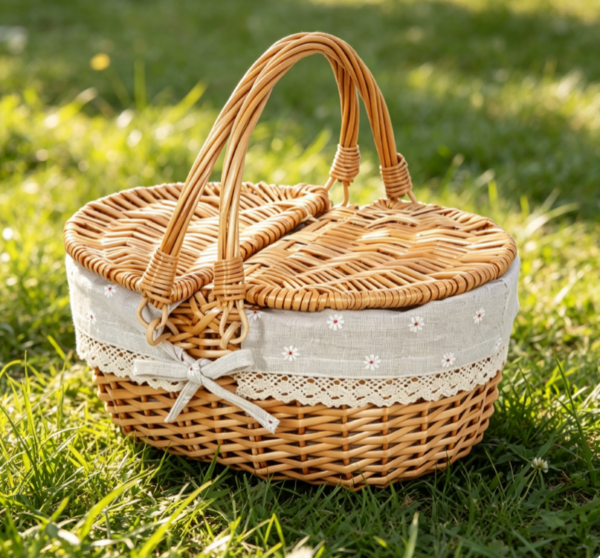 Oval Wicker Picnic Basket with Double Lids and Daisy Print Lining