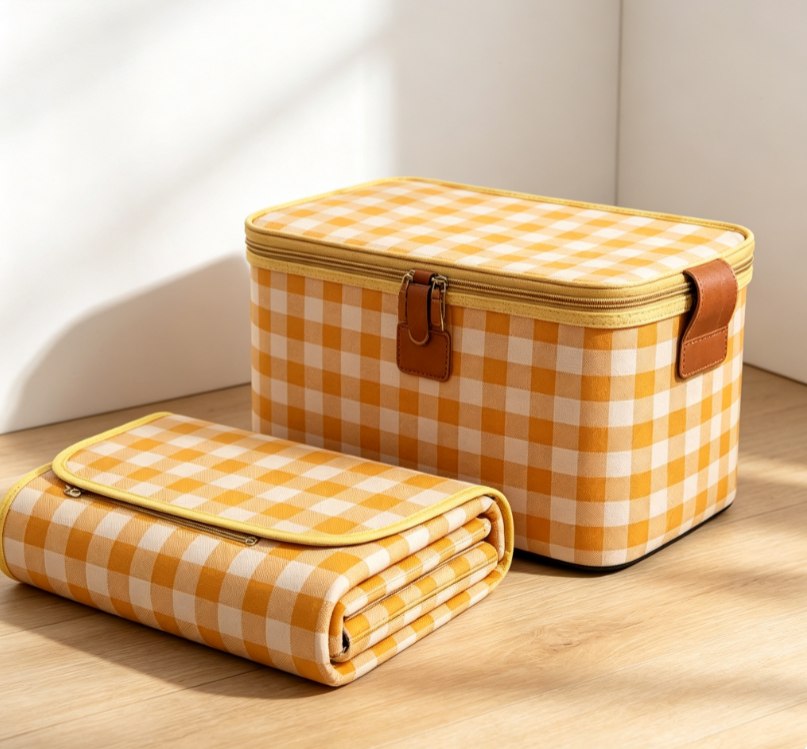 Yellow & White Checkered Fabric Storage Basket