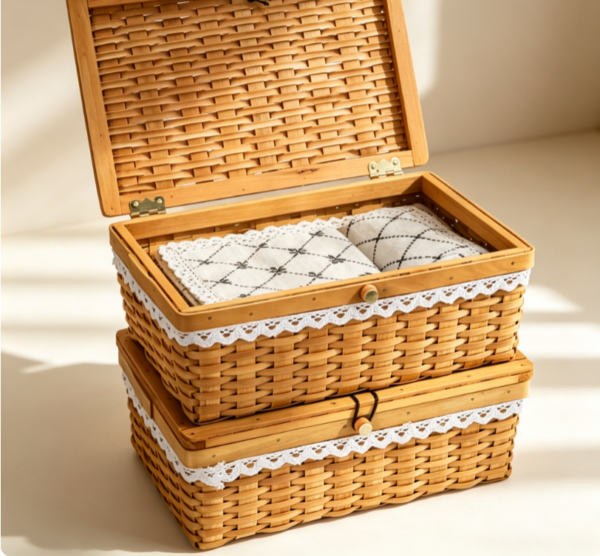 Two Tier Woven Wood Slat Picnic Basket with Hinged Lids