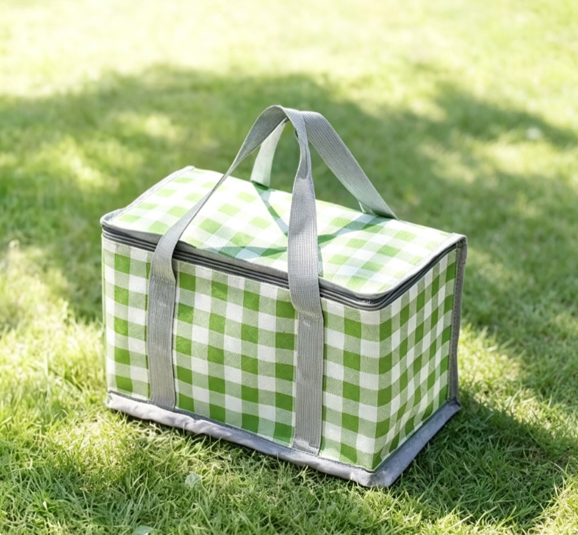 Green and White Checkered Fabric Foldable Picnic Basket