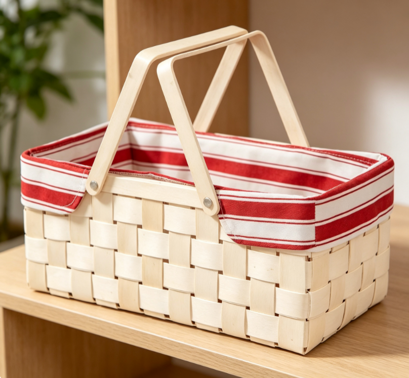 Red & White Striped Fabric Lined Woven Wood Slat Basket Image 2