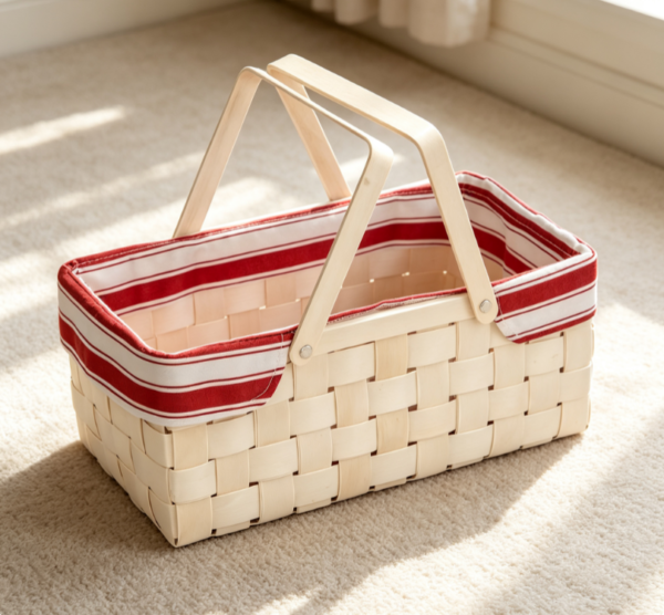 Red & White Striped Fabric Lined Woven Wood Slat Basket