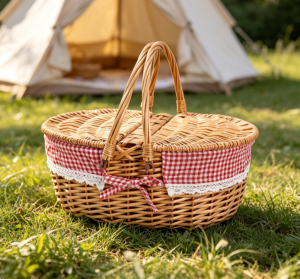 Oval Wicker Picnic Basket with Double Lids & Red Gingham Lace Lining