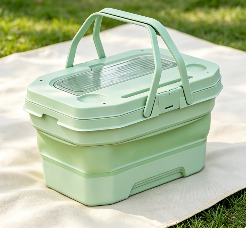 Light Green Foldable Plastic Picnic Storage Box with Flip Top Lid Image 2