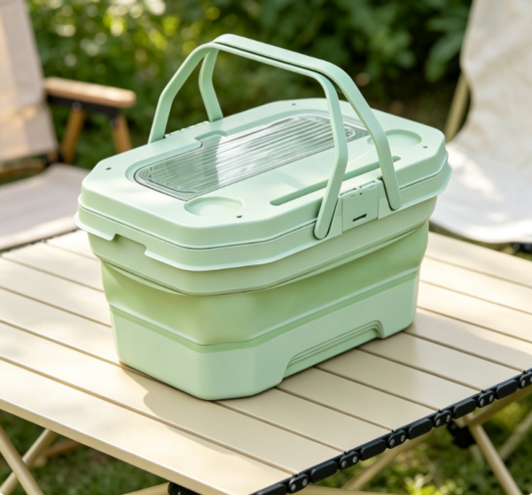 Light Green Foldable Plastic Picnic Storage Box with Flip Top Lid