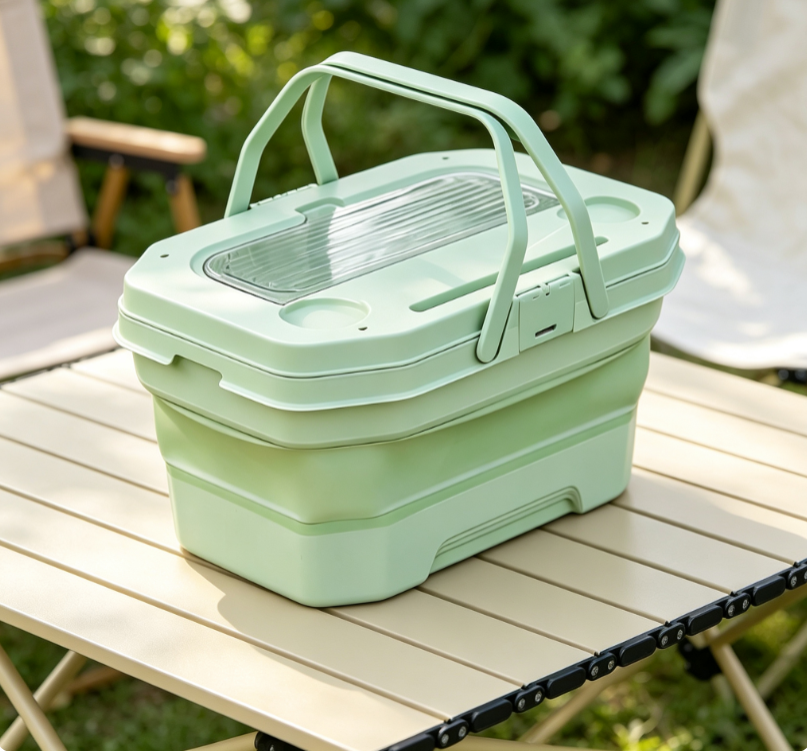 Light Green Foldable Plastic Picnic Storage Box with Flip Top Lid