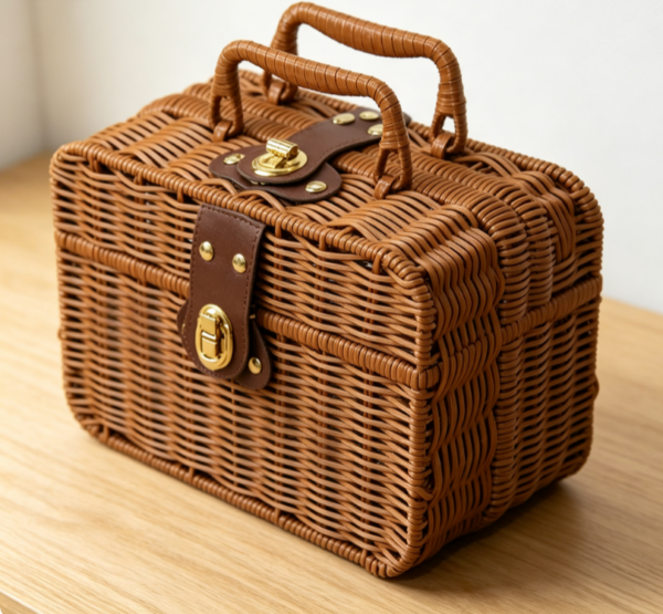 Vintage Style Hard Shell Faux Rattan Storage Case with Lockable Latch