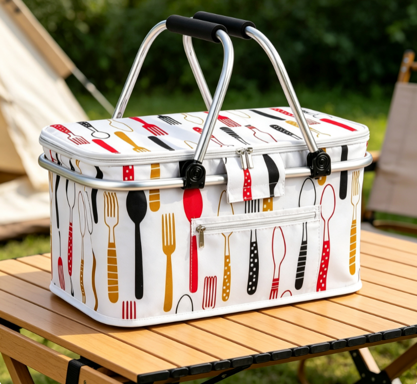 Collapsible Picnic Basket with Aluminum Frame & Tableware Print Image 2
