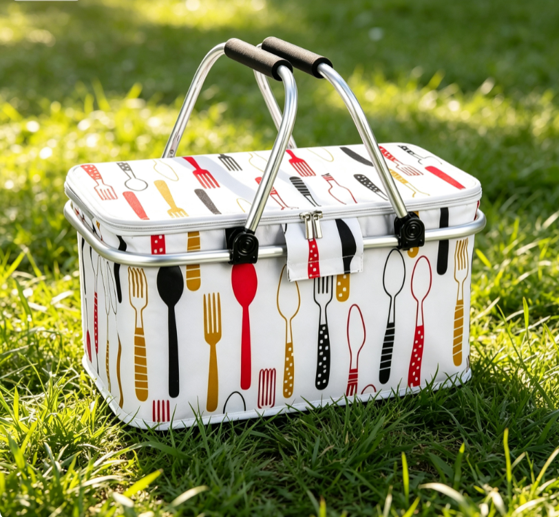 Collapsible Picnic Basket with Aluminum Frame & Tableware Print