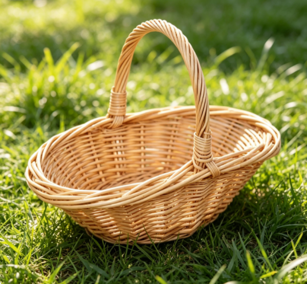 Light Colored Open Top Boat Shaped Wicker Basket with Single Handle