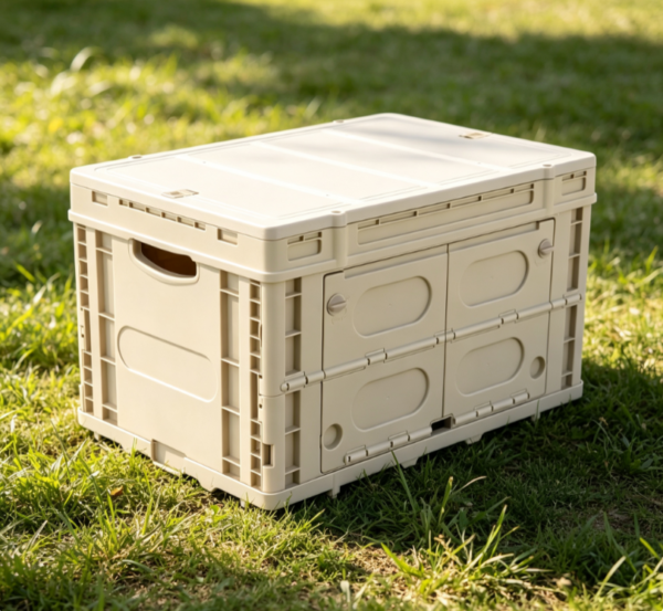 Off White Foldable Plastic Storage Box with Side Opening Doors
