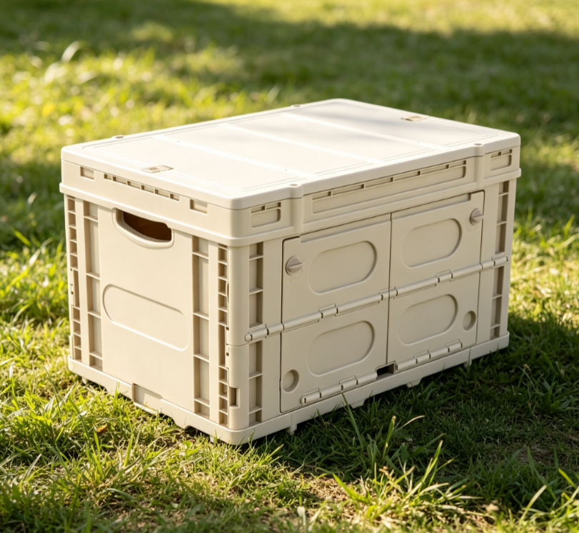 Off White Foldable Plastic Storage Box with Side Opening Doors