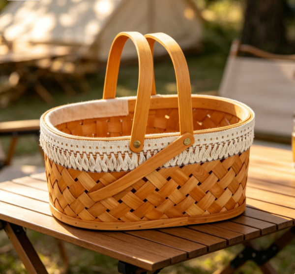 Oval Wood Weave Picnic Basket with Tassel Lace Trim