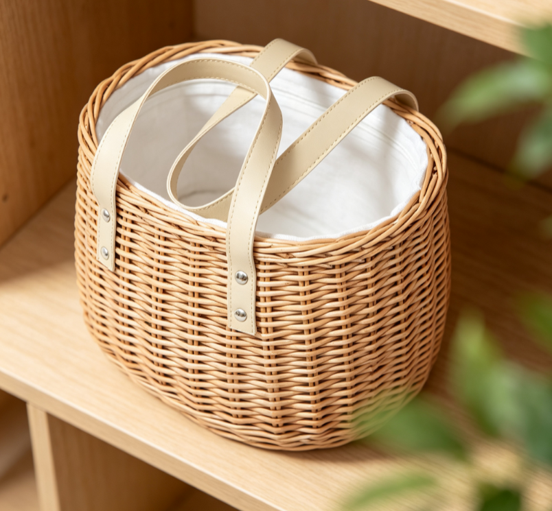 Cylindrical Wicker Storage Basket with PU Leather Handles Image 2