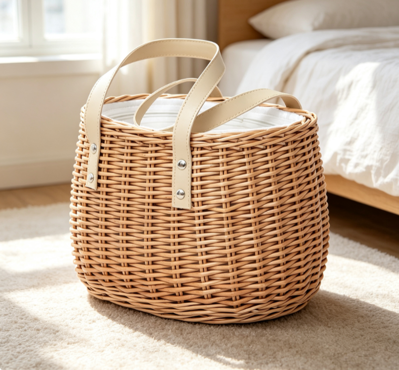 Cylindrical Wicker Storage Basket with PU Leather Handles