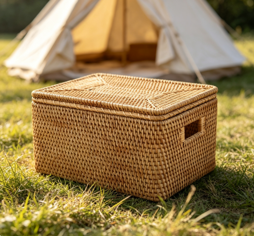 Square Wicker Storage Basket with Lid and Cut Out Handles