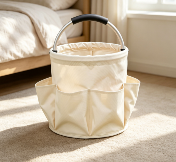 Off White Fabric Collapsible Storage Basket with Handle – Multi Pocket Portable Basket for Home & Outdoor Picnics