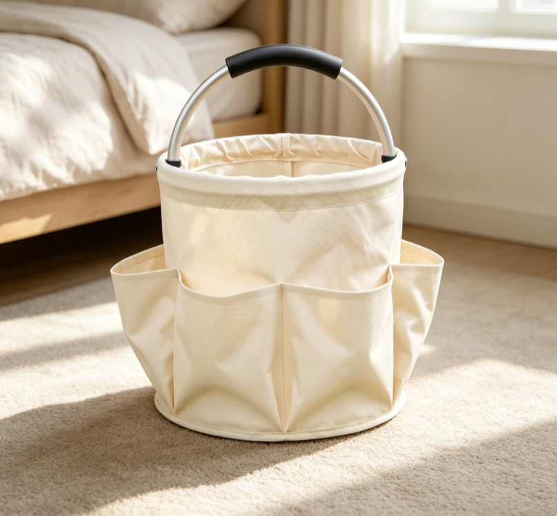Off White Fabric Collapsible Storage Basket with Handle – Multi Pocket Portable Basket for Home & Outdoor Picnics
