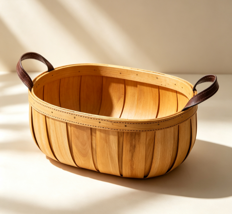 Oval Wood Slat Storage Basket with Leather Strap Handles