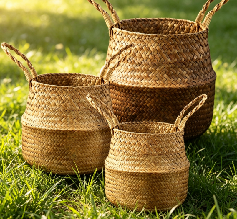 3 Piece Set of Seagrass Woven Foldable Storage/Plant Baskets Image 2