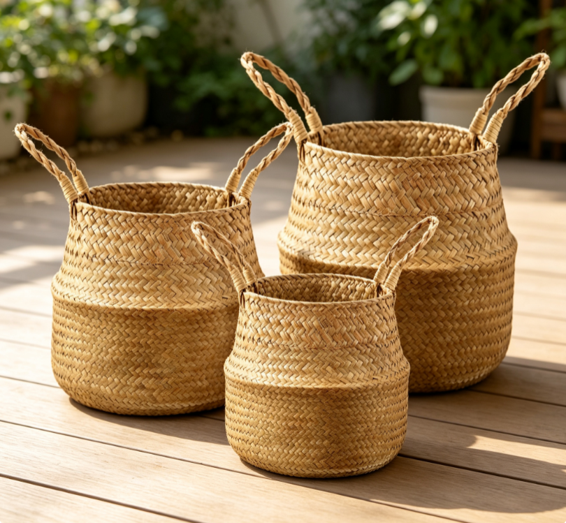 3 Piece Set of Seagrass Woven Foldable Storage/Plant Baskets