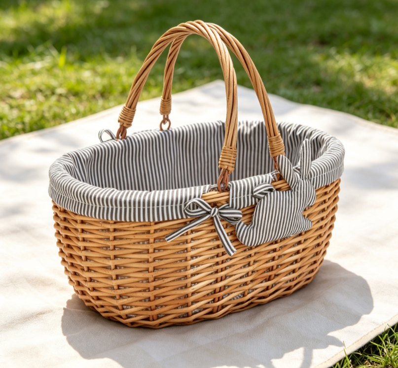 Oval Wicker Picnic Basket with Striped Fabric Liner & Decorative Bunny Image 2