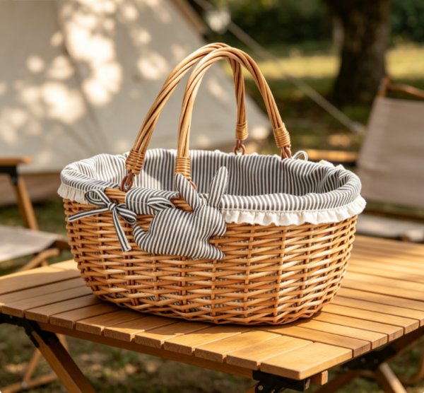 Oval Wicker Picnic Basket with Striped Fabric Liner & Decorative Bunny