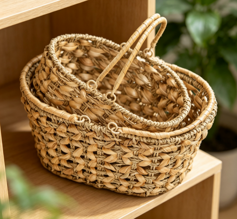 Oval Water Hyacinth Woven Storage Basket with Cut Out Design Image 2