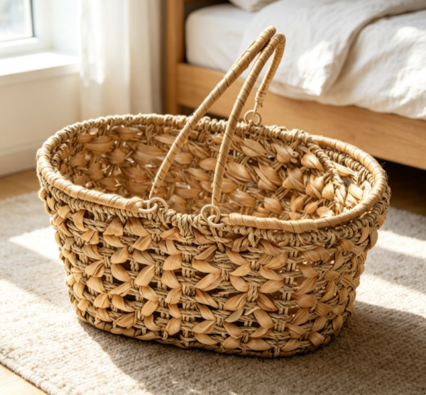Oval Water Hyacinth Woven Storage Basket with Cut Out Design