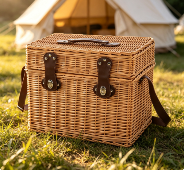 Vintage Square Wicker Picnic Hamper with Dual Latches, Straps, and Shoulder Carry Option