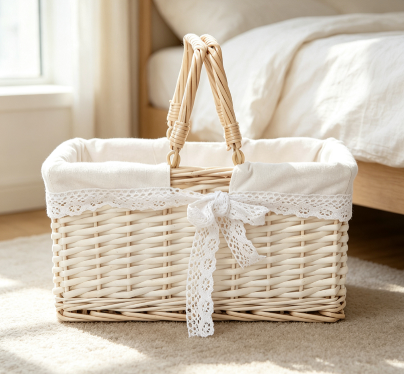Square Wicker Picnic Basket with Off White Lace Trimmed Liner Image 2
