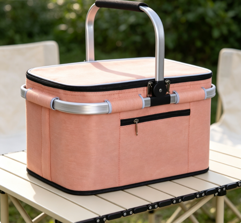 Minimalist Solid Color Aluminum Frame Collapsible Picnic Basket – Portable Outdoor Storage Basket with External Pocket