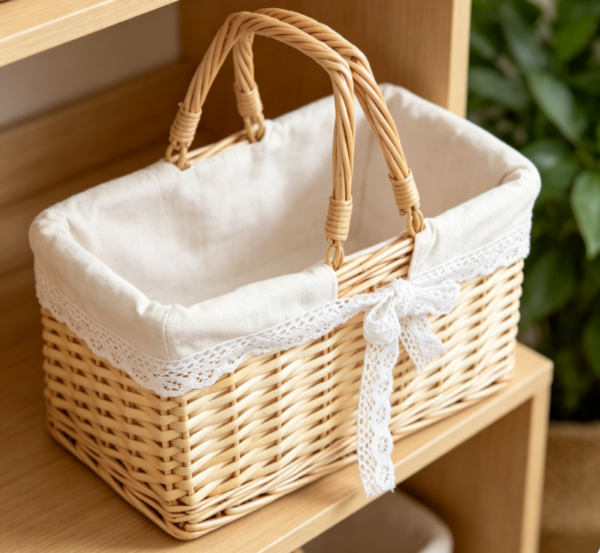 Square Wicker Picnic Basket with Off White Lace Trimmed Liner