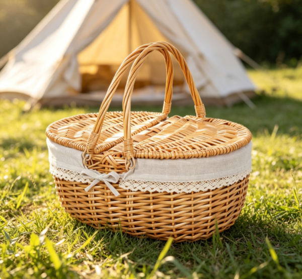 Camping Style Oval Wicker Picnic Basket with Dual Lids
