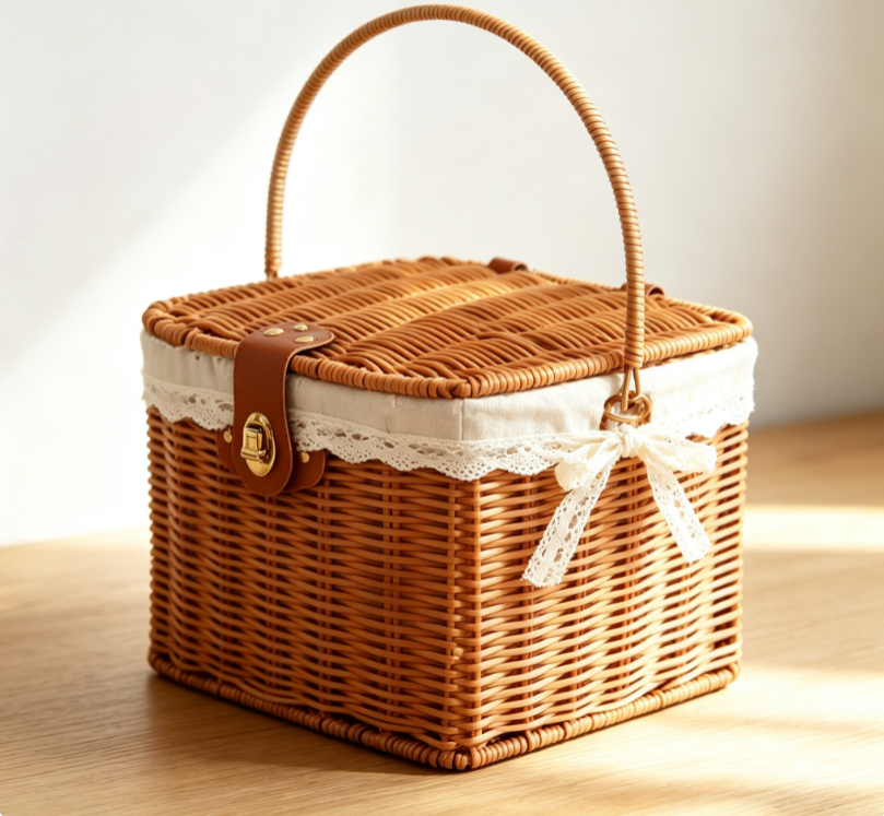 Square Wicker Picnic Basket with Hinged Lid and Latch Image 2