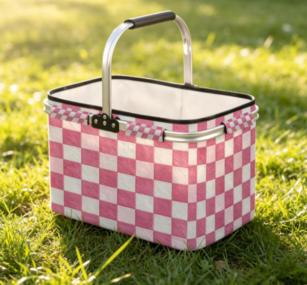 Pink & White Checkerboard Foldable Picnic Basket