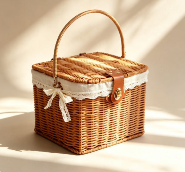 Square Wicker Picnic Basket with Hinged Lid and Latch