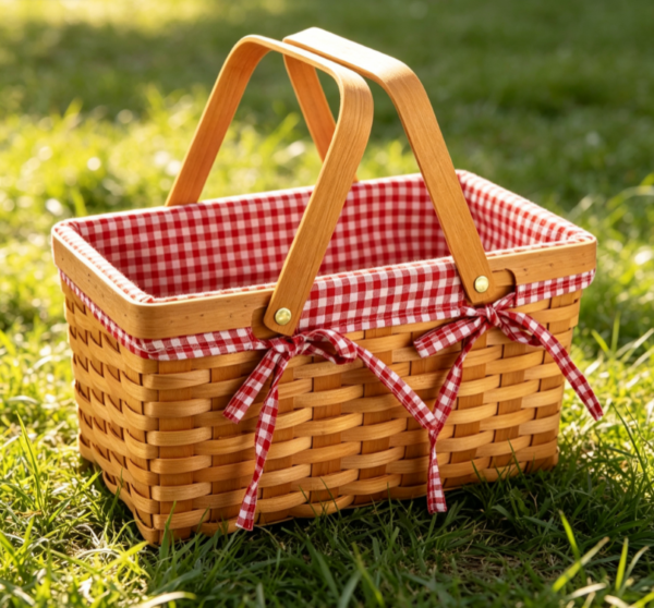 Woven Wood Slat Picnic Basket with Red Checkered Fabric Lining