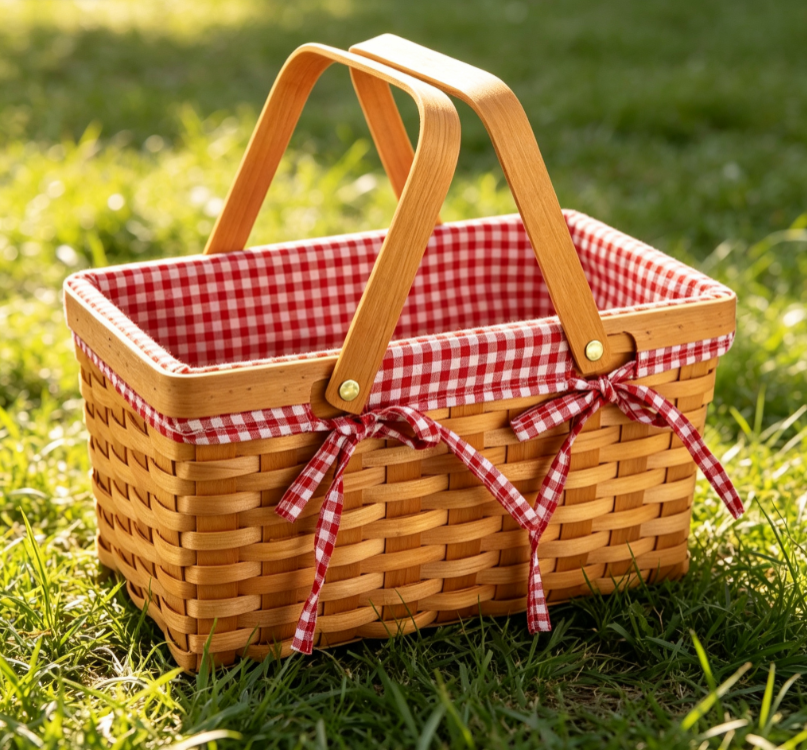 Woven Wood Slat Picnic Basket with Red Checkered Fabric Lining