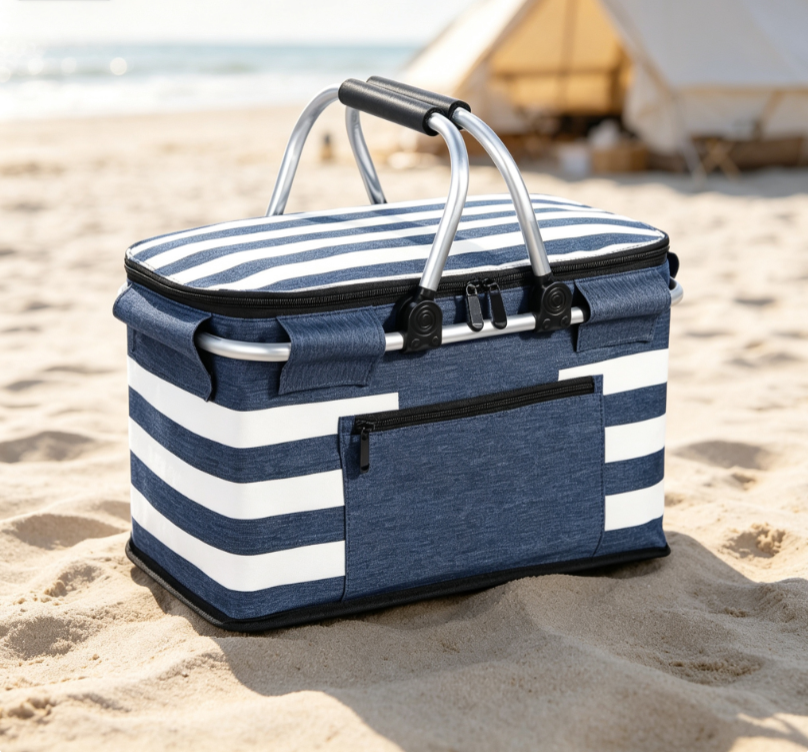 Blue and White Striped Beach/Picnic Basket