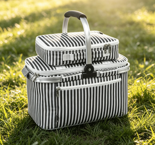 Black & White Striped Collapsible Picnic Basket Set – Large & Small