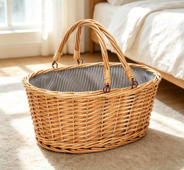 Oval Wicker Basket with Striped Fabric Lining