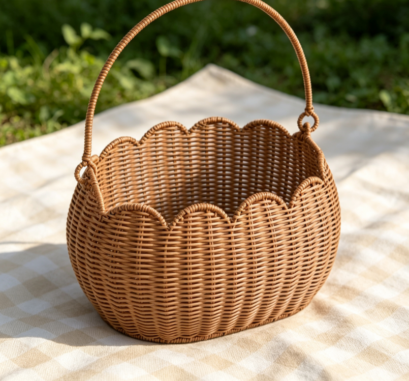 Woven Rattan Basket with Scalloped Rim and Curved Handle Image 2