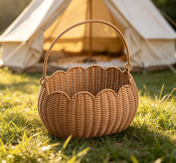 Woven Rattan Basket with Scalloped Rim and Curved Handle